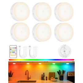 Motion Sensor Light Rechargeable Puck Lights with Remote, LED Under Cabinet Lighting, 19 Color Tap Lights with Timer & Group Control, 1200mAh Battery Operated, for Kitchen, Closet, Stairs, 6 Pack