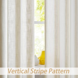 Central Park Beige White Stripe Farmhouse Curtains Semi-Sheer Rayon Blend Heavy Linen Texture Window Curtain Panel 6 Grommets Treatment for Living Room/Bedroom, Set of 2, 44" x 108" Each