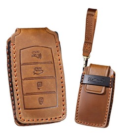 KUNIO Car Key Fob Cover Case Fit for Hyundai Genesis G70 G80 G90 2017 2018 2019 2020 Key Protective Cover Keychain Leather Key Holder 4 Buttons Brown