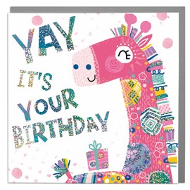 Lola Design - Birthday Card for Kids - Yay it's your Birthday, Colourful Giraffe Design - Children's Birthday Cards - Blank Card with Grey Envelope - Designed and Printed in the UK - 150mm x 150mm