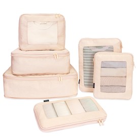 Compression Packing Cubes INNKGLE 6 Set - Beige Pink - for Suitcase Organiser Bags Travel and Home Storage, Recycled PET Fabric, Space-Saving Design, Travel Organiser Packing Bags