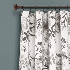 Lush Decor, Gray and White Botanical Garden Curtains Floral Bird Print Room Darkening Window Panel Drapes Set for Living, Dining, Bedroom (Pair), 95" x 52"