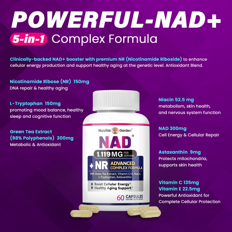 NuvitaGarden NAD+ Supplement for Anti-Aging Energy Focus & Nicotinamide Ribose