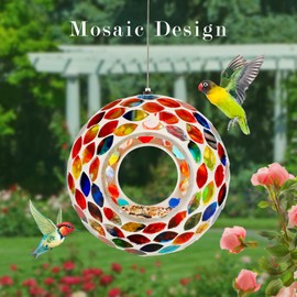 Glass Bird Feeders for Outdoor Hanging, Mosaic Fly Through Wild Bird Feeder Round Shape Birdfeeder for Outside Garden Yard Patio Decoration Red