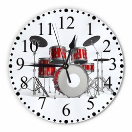 KEEPSUPER Music Wall Clock Red Silver White Rock N Roll Jazz Musical Instrument Cool Drum Clock 10 Inch Silent Non-Ticking Clocks Battery Operated for Home Living Laundry Room Kitchen Bedroom Office