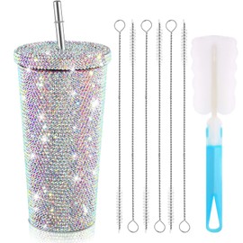 Studded Bling Diamond Tumbler Glitter Water Bottle with Lid Stainless Steel Vacuum Thermal Straw Tumbler Rhinestone Tumbler with 1 Pcs Cup Brush 6 Pcs Straw Brushes for Women (AB Color,23.67 oz)