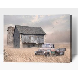 Barn Pictures Wall Art - Vintage Truck Canvas Print for Rustic Wall Decor, Modern Farmhouse Car Wall Art, Old Barn & Truck Painting Framed Artwork for Home Country Farm Wall Decor (24x36 Inches)