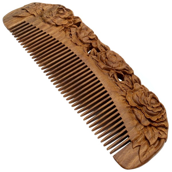 YOY Handmade Carved Natural Sandalwood Hair Comb - Anti-static No Snag Brush for Men's Mustache Beard Care Anti Dandruff Women Girls Head Hair Accessory (HC1006)
