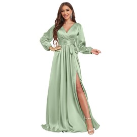 HTBVGO Sage Green Satin Bridesmaid Dresses for Women V Neck Long Sleeve Formal Prom Evening Dress with Slit Size 4