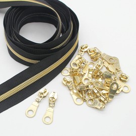 Leekayer #5 Gold Metallic Nylon Coil Zippers by The Yard Bulk 10 Yards Black Tape With 25pcs Gold Sliders for DIY Sewing Tailor Craft Bag (Gold Black)