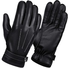 GSG leather gloves for men Sheepskin Classic Driving Gloves Winter Wool Lined Warm Gloves Black,L