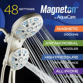 AquaCare Magneton High-Pressure 48-mode Luxury 3-way Combo System with Magnetic Guidance Docking, Giant Rain & Handheld Shower Head, Hygienic Jets and 6 ft. Stainless Steel Hose, Satin Nickel