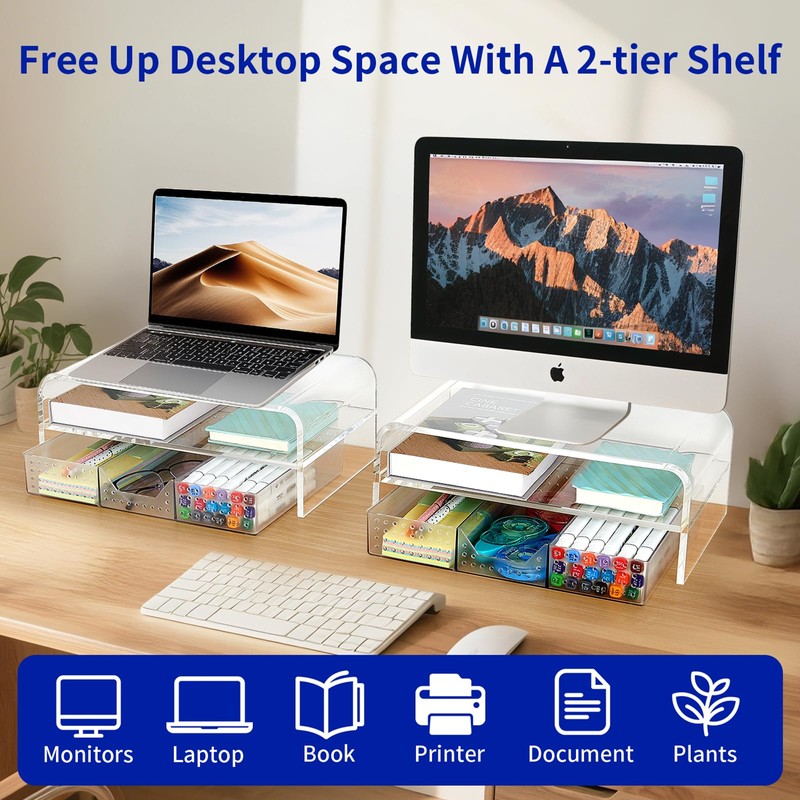 OPNICE Acrylic Clear Desk Organizers and Accessories, 2-Tier Computer Monitor