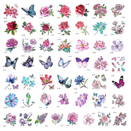HJZHII 100 Pcs Flower Tattoos, Temporary Tattoos Adult Fake Tattoo Butterfly 3D Waterproof Tattoo Realistic Rose Stickers Watercolor Floral Sticker Mixed Style Peony Sticker for Festival Party Women