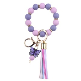 Butterfly Keychain Bracelet for Women,Leather PU Tassel Wrist Bangle Pendant Keyring,Silicone Beaded Wristlet Key Chains (Purple)