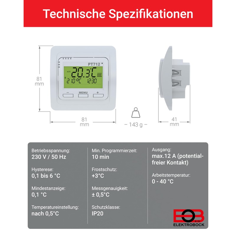 ELEKTROBOCK PT712 Digitaler Raumthermostat 230V - Programmierbarer Wandthermostat mit beleuchtetem