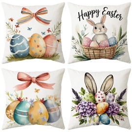 Ticacooler Easter Pillow Covers 18x18 Inch Set of 4, Bunny Rabbit Decorative Throw Pillowcases for Happy Easter Holiday Spring Gift, Soft Cushion Case for Sofa Couch Chair Home Decor