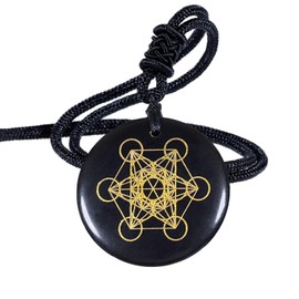 Nupuyai Engraved Amulet Obsidian Necklace for Men Women, Talisman Healing Crystal Round Stone Pendant with Adjustable Rope 46-62cm, Metatron's Cube