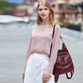 DEEVORCA Fashion Women Backpack Shoulder Bags Medium Casual Ladies Daypack Soft Multifunctional Handbag Travel Work Shopping Pu Leather Waterproof Multi Pocket Backpack Red