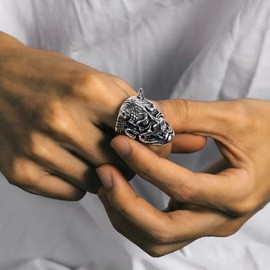 U7 Men Stainless Steel Enamel Black Devil Horn Hannya Mask Ring, Size 8