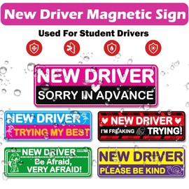 5 Pack Reflective Student Driver Car Magnet, Funny Magnetic Bumper Sticker Safety Sign Set, New Driver Car Stickers Supplies for Novice Drivers, Removable, Water Proof, UV Heat Resistant