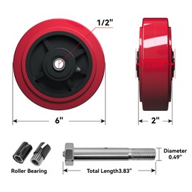 LONGRUNFORU 6 Inch Caster Wheels, Polyurethane on Polyolefin core Wheel with Roller Bearing- 1/2" Bore - 1000 lbs Capacity per Wheel, Replacement Caster Wheel for Industrial/Commercial (10 Pack)