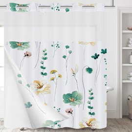 XZTXBest No Hook Shower Curtain with Snap in Liner,Plants Blue Beige Flower Shower Curtain with See Through Top Window, Waterproof & Machine Washable,Shower Curtains for Bathroom 71Wx74H