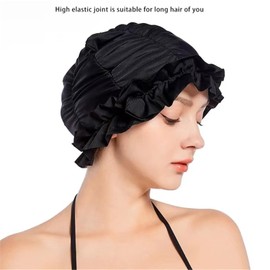 Swimming Cap Women Adult With Ruffled Edges -Nylon Cloth Swimming Hat Extra Swimming Cap Elastic Comfort Bathing Hats Keep Hairstyle Unchanged Ear Protection Swim Cap (Black)