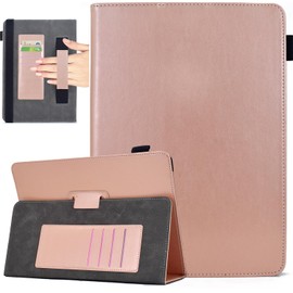 KEROM Universal Tablet Case 10 Inch Universal Tablet Case 10.1 Inch PU Leather Folio Stand Protective Case for 9.5-10.5 Inch Tablet, Has Hand Strap, Card Slots, Pen Loop Holder, Rose Gold