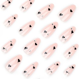 Valentines Press on Nails Medium Almond Fake Nails with Black Heart Design Love False Nails Nude Cute Valentines Nails Medium Length Acrylic Glue on Nails Spring Diamond Stick on Nails for Women 24Pcs