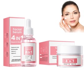 4 in 1 Gesichtsserum + Gesichtscreme, Mit Hyaluronsäure + Niacinamid + Vitamin C + Vitamin E, Facial Cream, Feuchtigkeitscreme, Zur Hydratation und Straffung der Haut, um Feine Linien zu Reduzieren