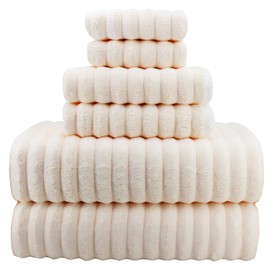 YTYC Towels, 29x59 Inches Extra Large Bath Towels Set of 6, Luxury Microfiber Shower Towels for Bathroom Super Soft Absorbent Striped Hanging Loop (Cream, 6 Pieces)