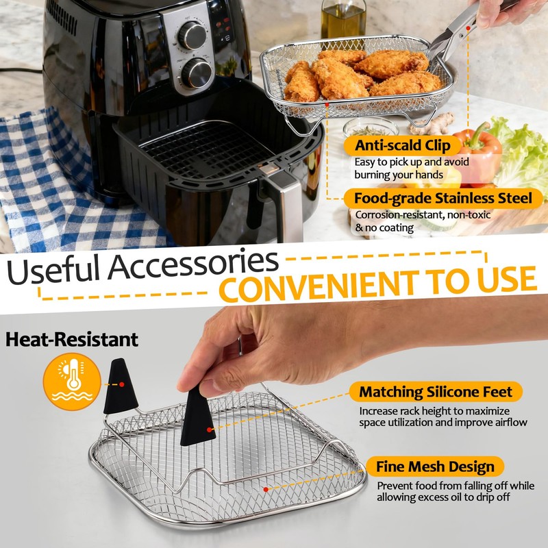 TeamFar Square Air Fryer Rack, 7.72" Stainless Steel Stackable Air