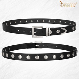 JASGOOD Women Fashion Leather Belt Ladies Studded Belt Silver Buckle Punk Leather Belt for Jeans Pants Dresses