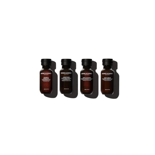 Grown Alchemist Travel Essentials Kit: Pack of 4 Body Cleanser, Body Cream, Shampoo and Conditioner - Insued with Damask Rose, Black Pepper, Chamomile, Bergamot - 50mL