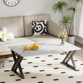 Wolawu Coffee Table White Living Room Center Table, Simple Modern Faux Marble Rectangular Tea Table with Sturdy Black Metal Frame,Industrial Wooden Coffee Table for Bedroom Home Office