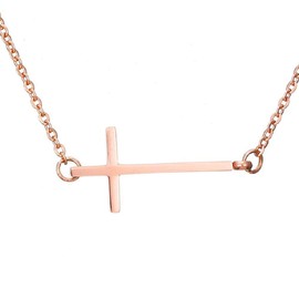 MiniJewelry Minimalist Sideways Cross Necklace for Women Sisters Birthday Mom Granddaughter Grandma Jesus Sacrificial Love Rose-Gold Stainless Steel