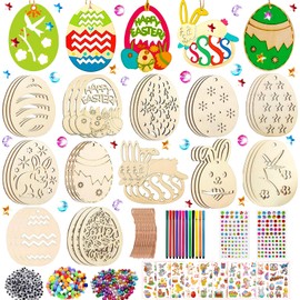 396 Pieces Easter Craft Set Children, Wooden Pendants Easter for Painting, Easter Pendant Wood, Easter Crafts Children, Easter Wood Painting, with Watercolour Pen, Bell, Rhinestones, Eye, Pompoms,
