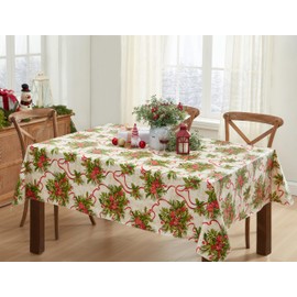 Newbridge Christmas Holly Traditions Vinyl Tablecloth with Flannel Backing, Red Holly Berry and Ribbons Holiday Easy Care Wipe Clean Tablecloth, 60” x 120” Oblong/Rectangle