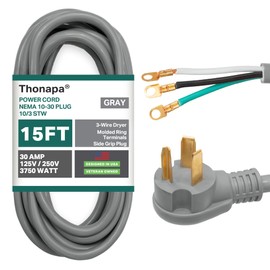 Thonapa 3 Prong Dryer Cord 15 ft, 30 Amp Appliance Extension Cord 3 Prong 15 Foot, NEMA 10-30 Plug, 10/3 STW Gray Heavy Duty Dryer Power Cable with Molded Ring Terminals - US Veteran Owned Brand