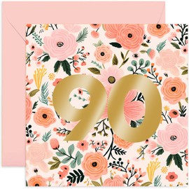 Old English Co. 90th Birthday Card For Women - Flowers Floral Gifts For Her - Happy Ninetieth Birthday Cards For Female Friends - Daughter Sister Niece | Blank Inside with Envelope