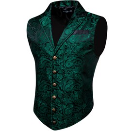 Barry.Wang Mens Green Victorian Suit Vest Paisley Steampunk Gothic Waistcoat Retro Lapel Collar Tuxedo Vests Formal Event Club Party