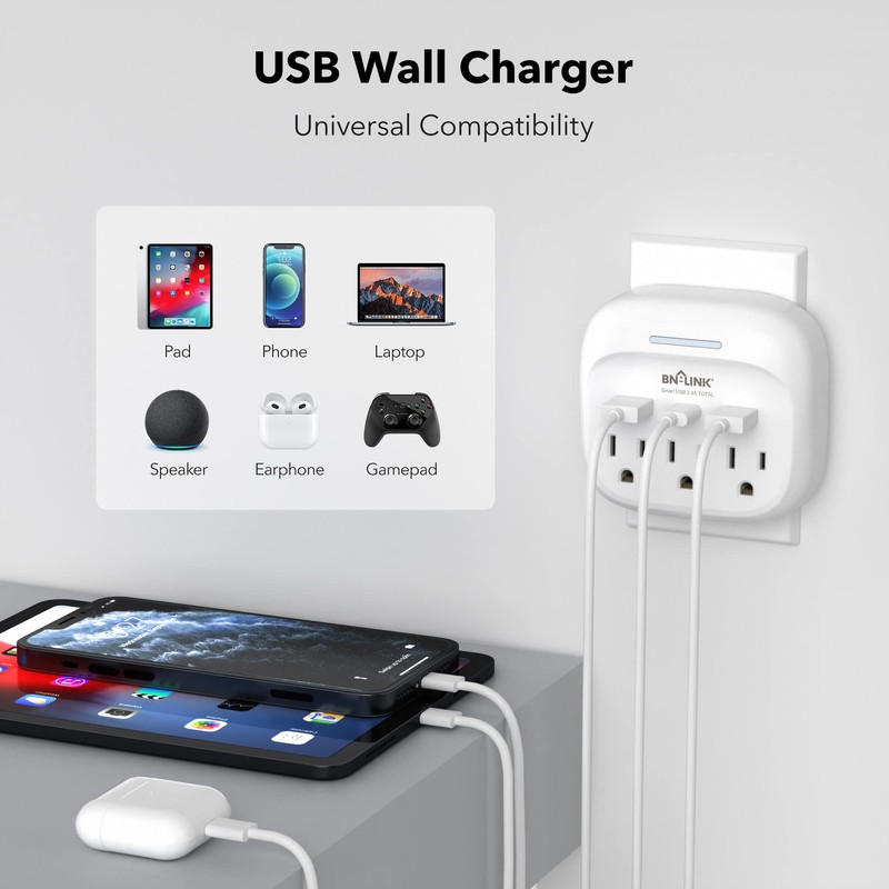 BN-LINK Multi Plug Outlet Extender 2 Pack, 3 Wall Outlets