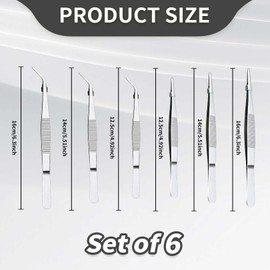 Pack of 6 Curved Tweezers, Stainless Steel Tweezers Point, Stainless Steel Professional Non-Slip, Blunt, Long Professional Non-Slip for Water Pets, Crafts, Repair