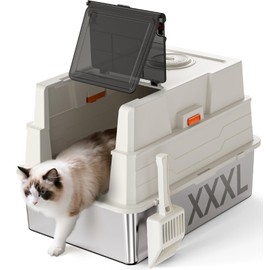 XXXL Stainless Steel Litter Box with Lid,28" L x 20.5" W x 16.5" H Extra Large Cat Litter Box Enclosure for Large and Multi-Cats Families,Non-Sticky, Anti-Leakage, Easy to Clean(White)