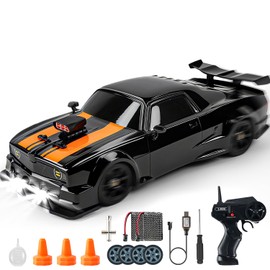 SANCO 1:16 Scale RC Drift Car with LED Lights & Spray, 2.4GHz High Speed Remote Control Car, Includes 2 Batteries & 2 Sets of Tires for Drifting & Racing, Toy Car for Kids and Adults(Black)
