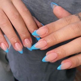 Sky Blue French Tip Press on Nails Short Almond Nails Press ons French Tip Glue on Nails for Women DIY Acrylic French Nails Short Gel Nails, Natural Thick Extra Short French Fake Nails 30Pcs 15 Sizes