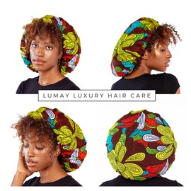 LuMay Satin Lined Ankara Double Layer Adjustable Sleeping Bonnet for Women and Men Natural Curly Hair, Earth