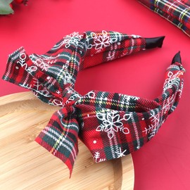 HIFANMM Christmas Headband Red Xmas Plaid Snowflakes Hair Bands for Women Girls, Bow Top Knot Wide Headbands Winter Christmas Holiday Party Outfits Decoration Accessories