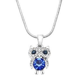 Falari Owl Pendant Necklace Rhinestone Crystal Rhodium High Polished (Style 2 - Sapphire)